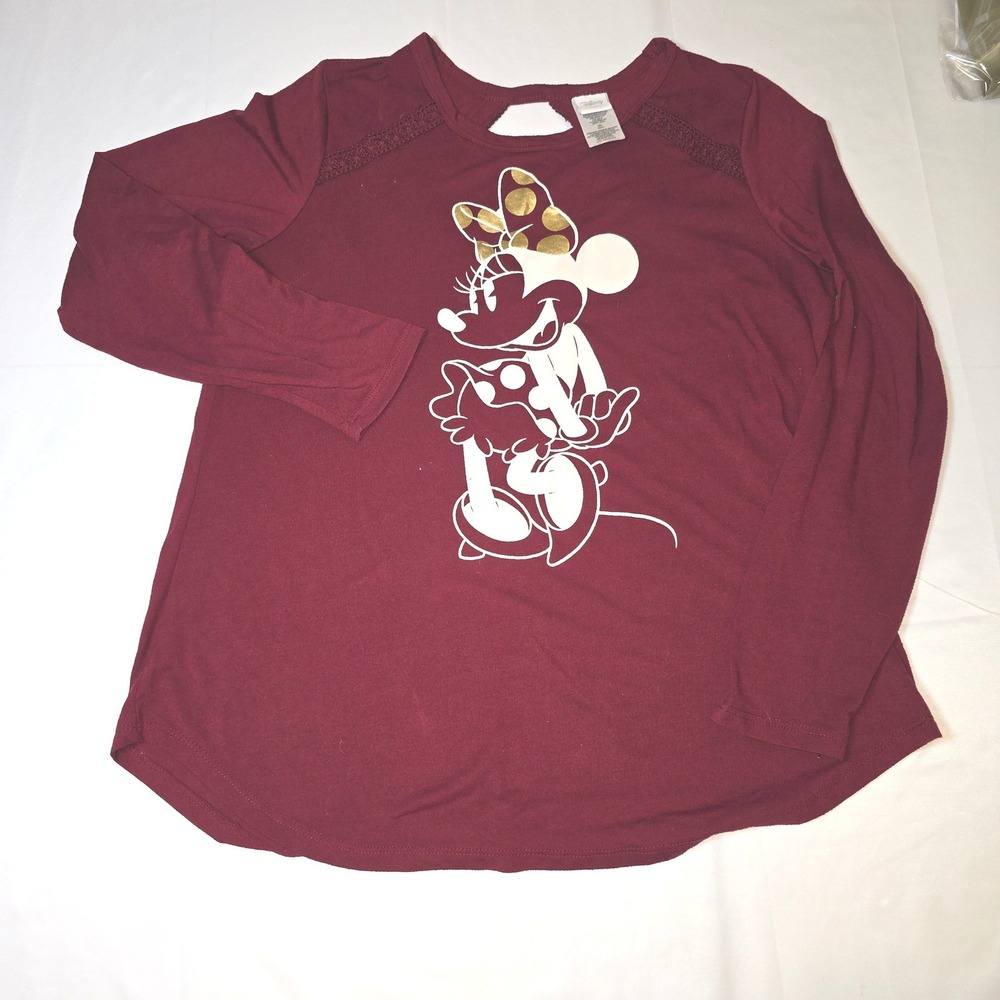 Disney Minnie Mouse Burgundy Long Sleeve Crochet Lace Keyhole Top XL 15/17